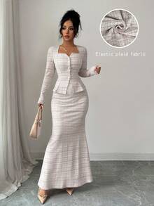 Elenzga 女士方领印花纽扣前开襟长袖上衣和裙子两件套 - 卡其色 - 查看 6