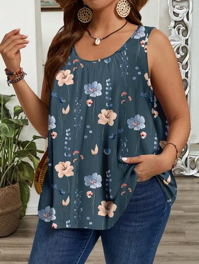 SHEIN CURVE+ Plus Size Minimalist Casual Sleeveless Loose Tank Top, Suitable For Vacationsummer/Country/Beach Vacation Outfits/Beach Outfits/Beach Wear