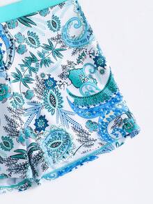Swim Lushoire 女士三件套泳衣，湖蓝色吊带比基尼上衣、佩斯利印花短裤和沙滩罩衫 - 彩色 - 查看 6