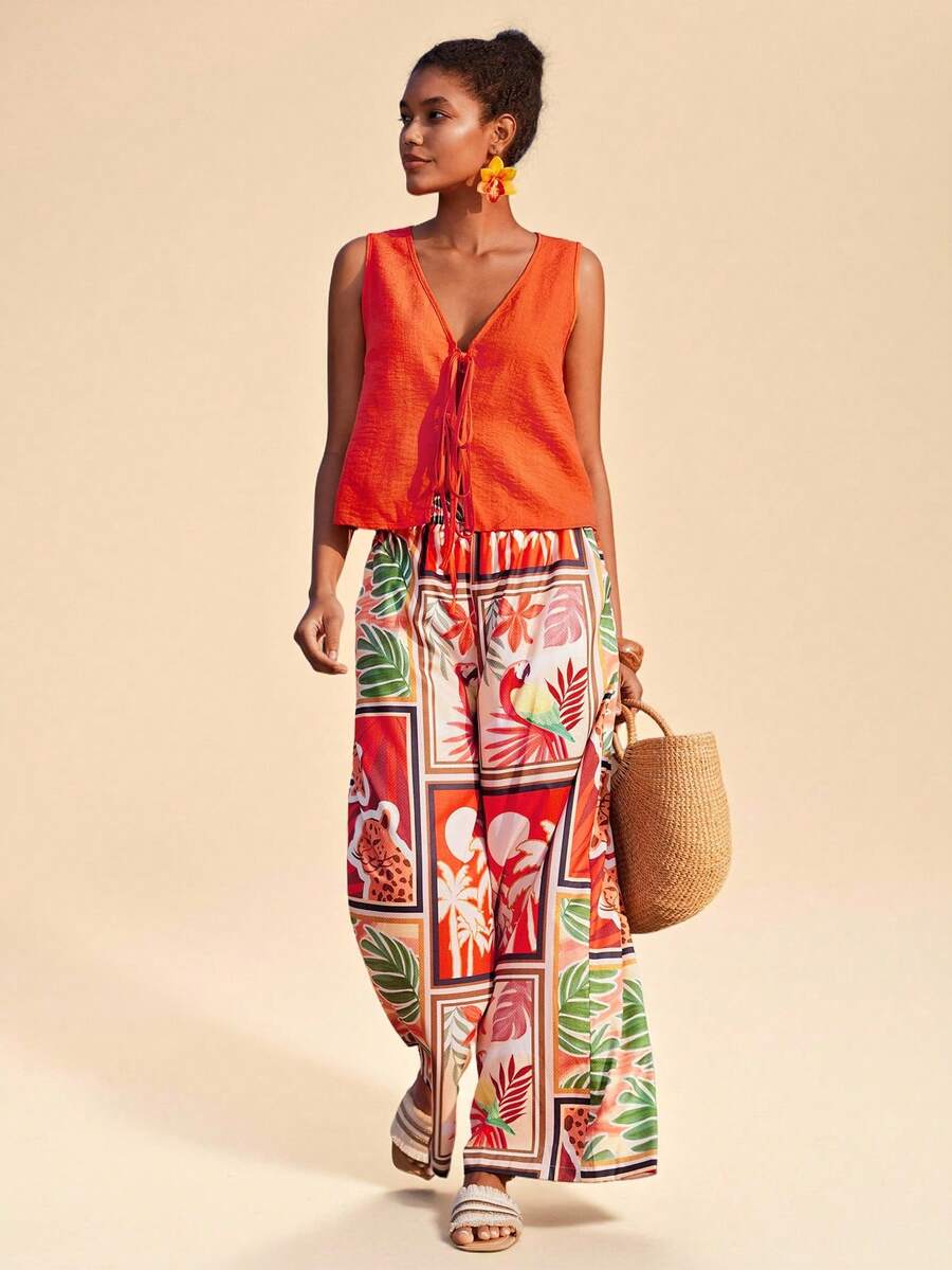 Travachic 2026春夏新款印花长裤+撞色系带无袖背心两件套，度假风，梭织印花，女士休闲夏季度假装，波西米亚海滩度假装，波西米亚时尚，乡村音乐会装，节日庆典装，女士海滩装，女士夏季装，复古富家女装，毕业典礼装，夏季连衣裙，女士生日礼服，波西米亚风服饰 - 彩色 - 查看 1