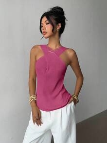 Elenzga Back To School Casual Criss-Cross Neckline Minimalist Unique Design Knit Sweater For Women, Spring/Autumn - Hot Pink - View 6