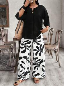 EMERY ROSE Plus Size Women's 2-Piece Set,Black And White Printed Wide Leg Pallazo Pants & V-Neck Cotton Linen-Like Shirt,Summer Casual Elegant Vacation Holiday - Black - View 8