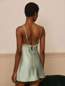 lacRébo 2 piezas Conjunto de pijama estilo vintage sexy con camisón de satén y encaje y bata con cinturón de encaje de pestañas - Verde - Ver 2