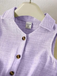 SHEIN Genkimix Kids 女童休闲百搭翻领纽扣前襟系带柔软褶皱牛仔质感连体裤，适合秋季、野餐、郊游、搭配服装、日常穿着 - 淡紫色 - 查看 4