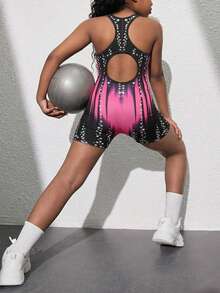 SHEIN Tween Girls' Casual Sports Yoga U-Neck Hollow Back Jumpsuit Activewear, Spring/Summer - Black - View 1