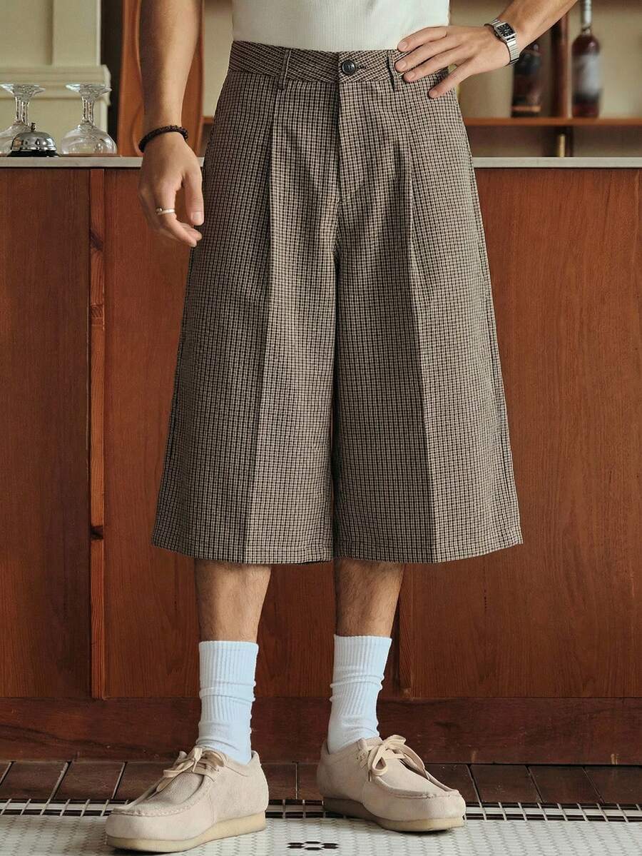 SWAVVY Quần short nam ống rộng kẻ caro thời trang, cỡ tiêu chuẩn. - Cà phê nâu - Xem 1