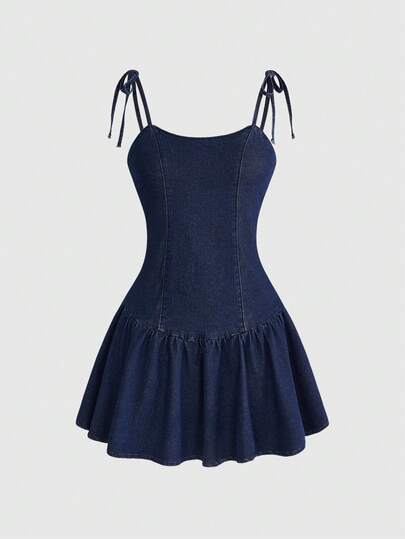 ROMWE Đầm denim ngắn nữ phong cách Y2K Baddie Retro Millennium Vintage, kiểu dáng cổ điển, thắt nơ phía trước, thích hợp cho các lễ hội âm nhạc, tiệc tùng và trang phục thường ngày.