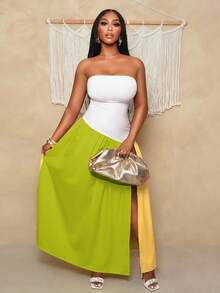 BamGleam Vestido sin tirantes de moda con abertura lateral y dobladillo de color contrastante, vestido de verano para mujer, atuendos de verano para mujer, vestido de verano para mujer, atuendos de verano para mujer, atuendos de vacaciones para mujer - Verde - Ver 3