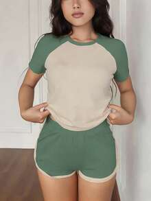 DAZY 2pcs/Set Fitted Short Sleeve Top And Shorts, Contrast Color Casual Loungewear Set, Summer Y2k - Green - View 4