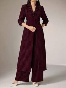 Heiryn Bộ 2 áo khoác dài và quần sọc thường ngày cho nữ, dành cho mùa thu Bộ 2 món - Màu Đỏ Sâu - Xem 6