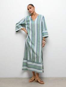 MAIJA Elegant Lace V-Neck Puff Sleeve A-Line Maxi Dress - Multicolor - View 7