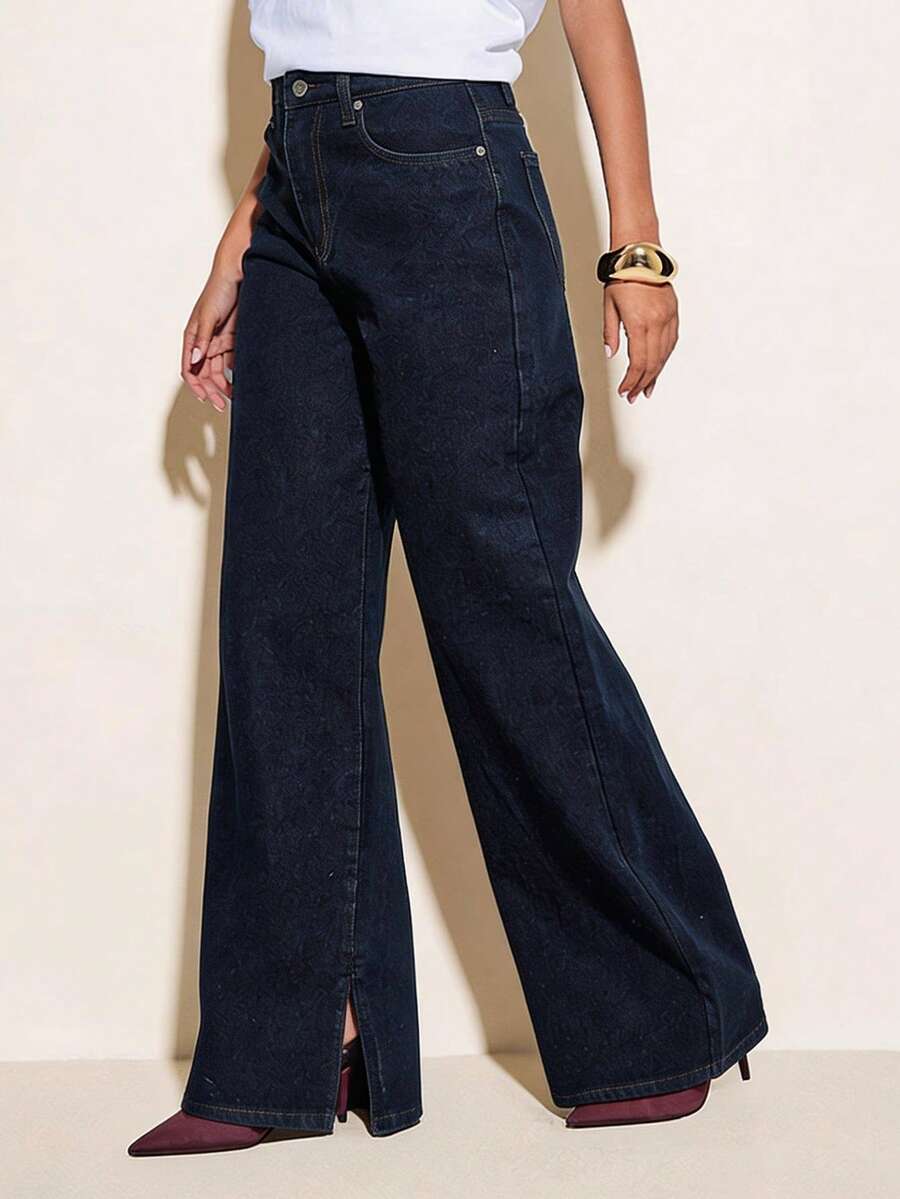SHEIN BAE Casual Indigo Denim Low-Waist Side Slit Boyfriend Style Wide Leg Jeans, Suitable For Daily Wear, Leisure, Commute, Elegant Gatherings, Hangouts With Friends - Dark Wash - View 1