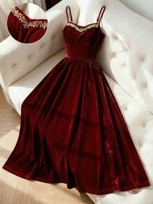 Franclia 春秋新款优雅刺绣吊带裙，收腰A字丝绒连衣裙，女士款 - 紅色 - 查看 6