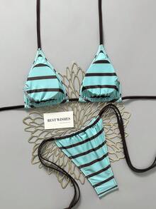 SHEIN Swim Vcay 女士夏季沙滩条纹吊带系带性感比基尼和三角泳裤套装 - 彩色 - 查看 3