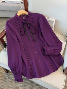 GlowEve CURVE Plus Size Women Long Sleeve Small Stand Collar Striped Casual Solid Color Ruffle Cuff Fashion Shirt, Suitable For Daily Commute - Purple - View 3