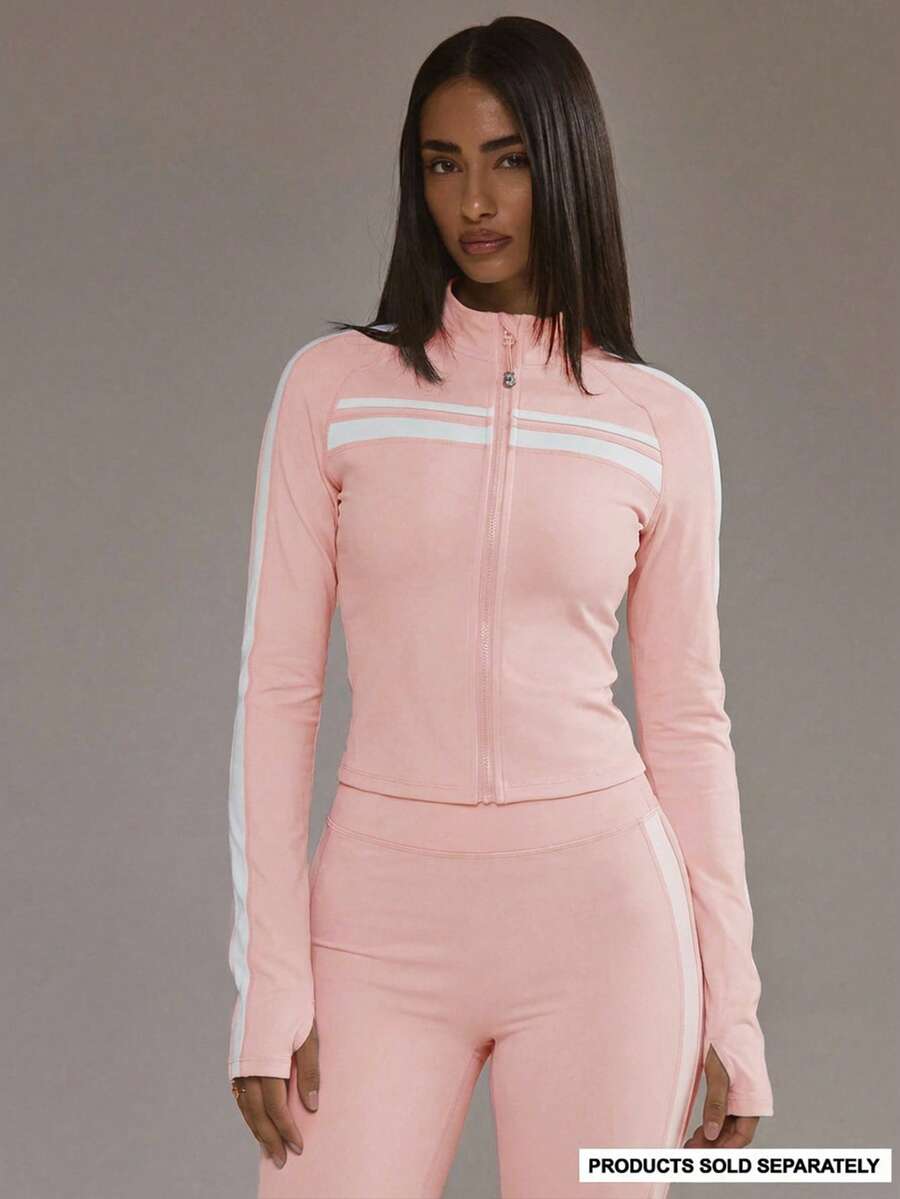 Musera Sport Zip Through Stripe Detail Sculpting BBL Jacket Only Padel Autumn Fall Activewear Sport Gym Workout Yoga Fitness Daily - Baby Pink - View 1