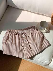 Comfortcana 女士休闲棕色条纹抽绳腰短裤，夏季 - 棕色 - 查看 5