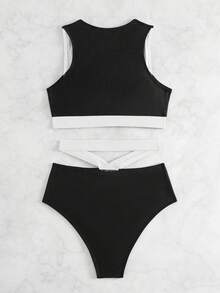 SHEIN Swim 女士撞色滚边时尚比基尼套装 - 黑與白 - 查看 4