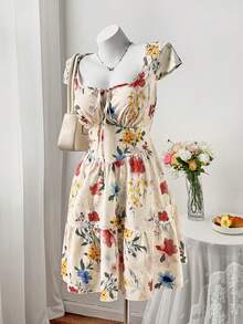 Sweetra Cute Cap Sleeve Fitted Floral Print Cake Dress, Spring/Summer - Apricot - View 6