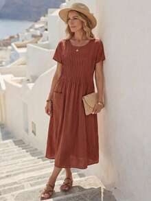 Faunlyn Women's Solid Color Round Neck Short Sleeve Pleat Double Pocket Loose Casual Dress - Redwood - View 4