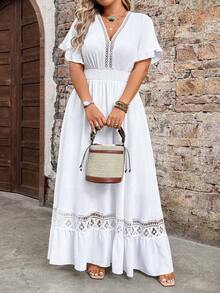 Breezaya Vestido casual romántico de encaje jacquard para mujer de talla grande, adecuado para uso diario, ir al trabajo, vacaciones, primavera/verano - Blanco - Ver 5
