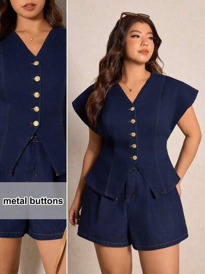 Elaquor Plus-Size Raw Denim Top, Fitted Sleeveless Shirt, V-Neck, Gold Metal Buckle Embellishment, Elegant Summer Office Wear.