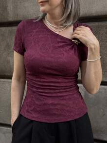 DAZY Women's Elegant Floral Asymmetric T-Shirt, Summer - Purple - View 1