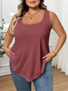 SHEIN CURVE+ 大码女式时尚宽松舒适无袖T恤背心 - 酒紅色 - 查看 6