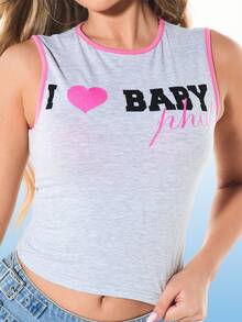 BABYPHAT 我喜欢这款无袖背心，粉色爱心和黑色文字印花，撞色滚边，圆领，纯棉，休闲夏季风格 - 淺灰色 - 查看 7