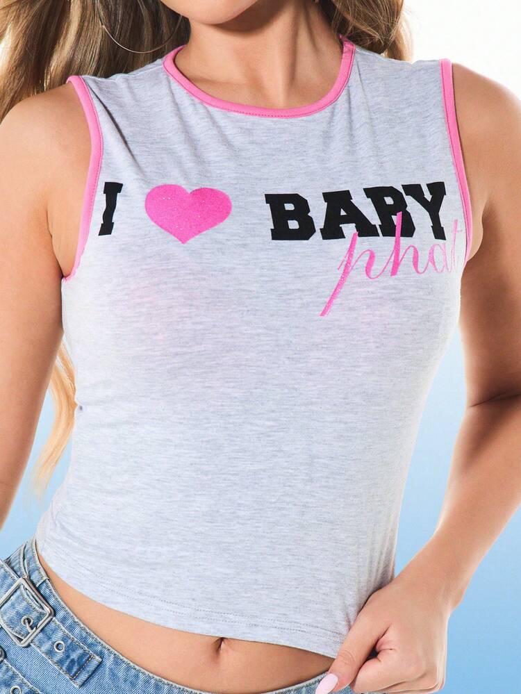 BABYPHAT Amo il top senza maniche con cuore rosa e stampa in contrasto con testo nero, scollo a equipaggio, in cotone, stile casual estivo