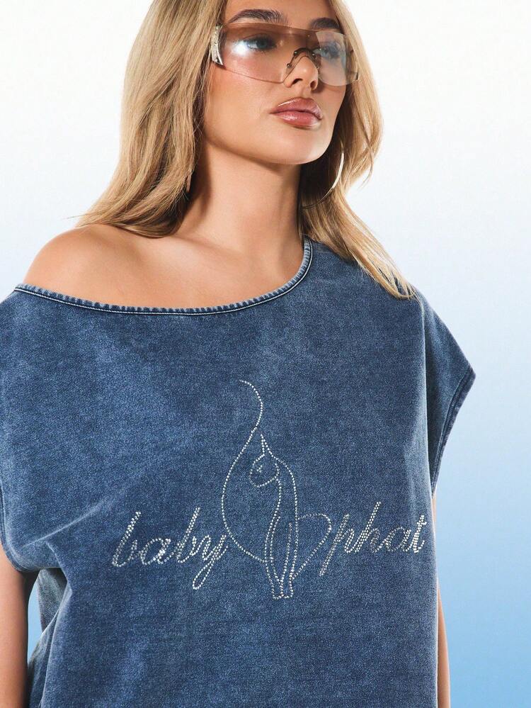 BABYPHAT Vestido mini asimétrico de hombros descubiertos de jersey con estampado de pájaros, ajuste holgado, estilo casual de primavera y verano tipo denim para mujer