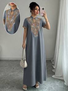Rafferiza Contrast Color Embroidered Mandarin Collar Rhinestone Embellished Loose Women Long Dress - Grey - View 6