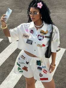 Muchica Bộ đồ 2 mảnh thường ngày dành cho nữ cỡ lớn mùa Xuân/Hè 2026, gồm áo ngắn tay in chữ và quần short, kiểu dáng thường ngày. - Màu be - Xem 3