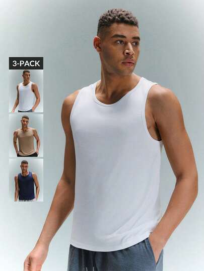 Driftmere 3pcs Pack Men's Casual Solid Color Knit Sleeveless Vest, Suitable For Daily Wear Mens Sleeveless Tops Mens Tank Tops Pack Men Plus Size Cotton Tank Tops Muscle Tanks Mens Sleeve Less T Shirts