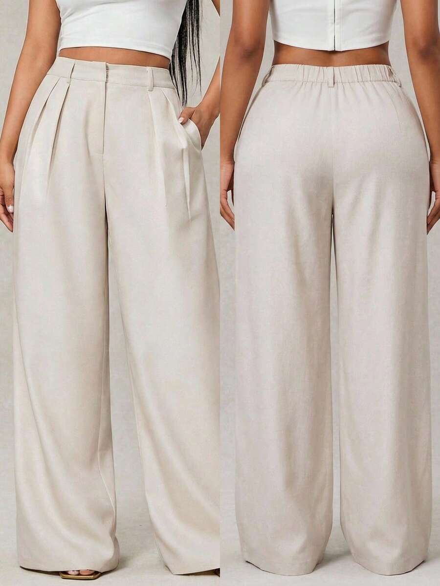 Radiana Women's Summer Minimalist Loose Khaki Wide Leg Pants, Comfortable Linen Trousers, Office Wear Pants, Khaki Wide Leg Pants, High Waist Wide Leg Pants, Khaki Suit Pants, High Waist Pants, Women's Long Pants - Khaki - View 1