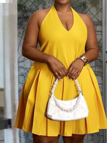 Slaydiva 春夏新品音乐节、复活节、圣帕特里克节、西部风、游牧风、生日派对、毕业典礼、学院风、学生装、日常休闲、百搭基础款、休闲、邮轮旅行、海滩、日光浴、爆款、街头风、婚礼宾客波西米亚风、通勤、早午餐、极简基础款、Y2K街头风、畅销单品、休闲约会、机场穿搭露背吊带褶皱A字宽松娃娃长裙大码 - 黄色大码黄色连衣裙 - 黃色 - 查看 3