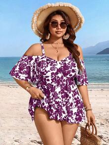 Swim Lushoire Plus Size Random Print Adjustable 2 Pieces Modest Fashionable Tankini Swimwear - Purple - View 4