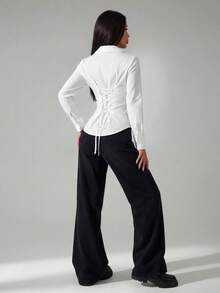 SHEIN PETITE 1pc Women's Solid Color Button Front Long Sleeve Casual Blouse ,White Shirt - White - View 3