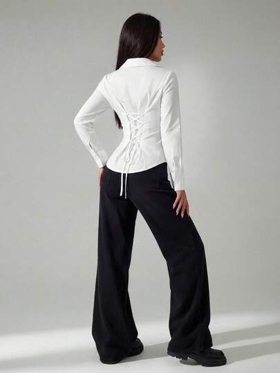 SHEIN PETITE 1件女士纯色纽扣前开襟长袖休闲衬衫，白色衬衫