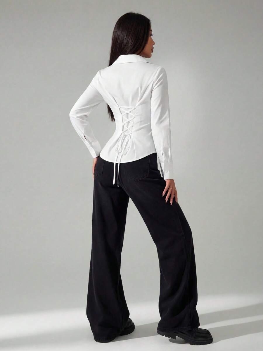 SHEIN PETITE 1件女士纯色纽扣前开襟长袖休闲衬衫，白色衬衫 - 白色 - 查看 1