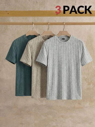 HIMLAND Knit Casual Round Neck Short Sleeve T-Shirt Men T Shirt Pack Grey Knit Short Sleeve Mens Casual Tops Knit Tshirt Men