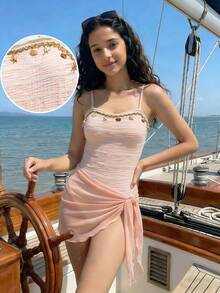 SHEIN Teen GirlOne-Piece Swimsuit, Wavy Shell Trim & Mesh Skirt, Beach & Pool Casual Vacation, Spring/Summer - Pink - View 1