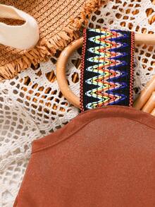 Young Girl Summer Vacation Patchwork Strap Jumpsuit - Brown - View 5