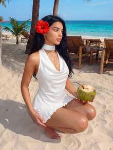 Sweetina 女士不对称下摆飘逸系带装饰露背吊带上衣 - 白色 - 查看 5