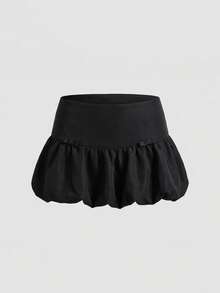 OverBlushhh Rok Mini Wanita Model Balon Pinggang Rendah Hitam dengan Detail Pita Gaya Y2K, Rok Mini Pinggang Rendah dengan Hem Bergelombang untuk Pesta Musim Panas dan Festival Musim Semi. - Hitam - View 3
