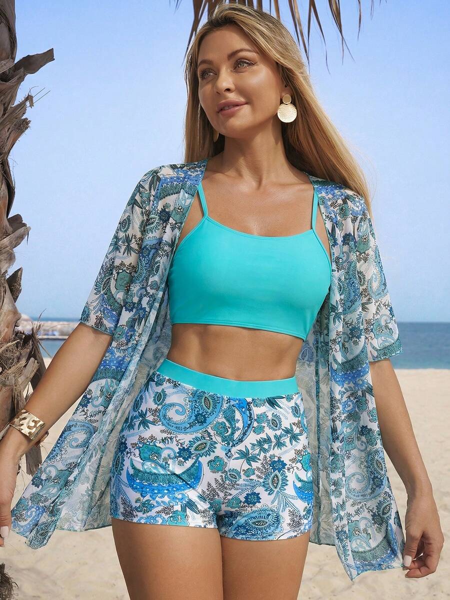 Swim Lushoire 女士三件套泳衣，湖蓝色吊带比基尼上衣、佩斯利印花短裤和沙滩罩衫 - 彩色 - 查看 1