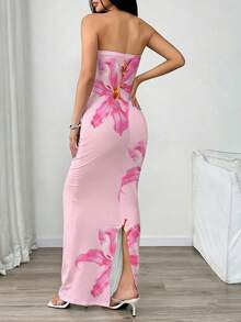 INAWLY Women's Floral Print Strapless Fitted Elegant Dress, Suitable For Vacation - Multicolor - View 2