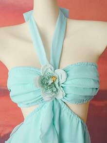 Femesol Romantic Elegant Vacation Outfit Ruffle Halter Faux 3D Flower Dress For Women, Spring/Summer - Baby Blue - View 6