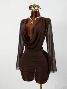 Swim Vcay 女士卡其色性感网纱长袖透视沙滩罩衫泳衣 - 咖啡棕 - 查看 1