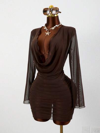 Swim Vcay 女士卡其色性感网纱长袖透视沙滩罩衫泳衣